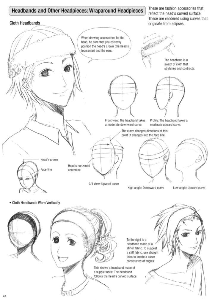 f358bd8418b2ecbbe4402753d9692a5d Sketches showing how to draw cloth headbands on characters from various angles with tips for accurate positioning. | Sky Rye Design Sketches showing how to draw cloth headbands on characters from various angles with tips for accurate positioning.