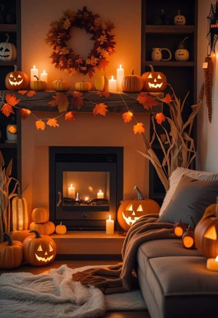 f3e255927b908ffd28a229f4d5e53692 Cozy Halloween decor with glowing jack-o'-lanterns, autumn wreath, candles, and pumpkins by a warm fireplace. | Sky Rye Design Cozy Halloween decor with glowing jack-o'-lanterns, autumn wreath, candles, and pumpkins by a warm fireplace.