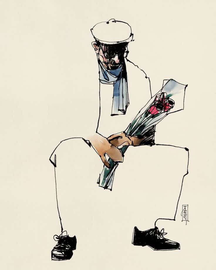f4607740-359a-4edd-bf08-616a596ea38a Illustration of a seated man with a hat and scarf, holding a bouquet of red flowers. | Sky Rye Design Illustration of a seated man with a hat and scarf, holding a bouquet of red flowers.