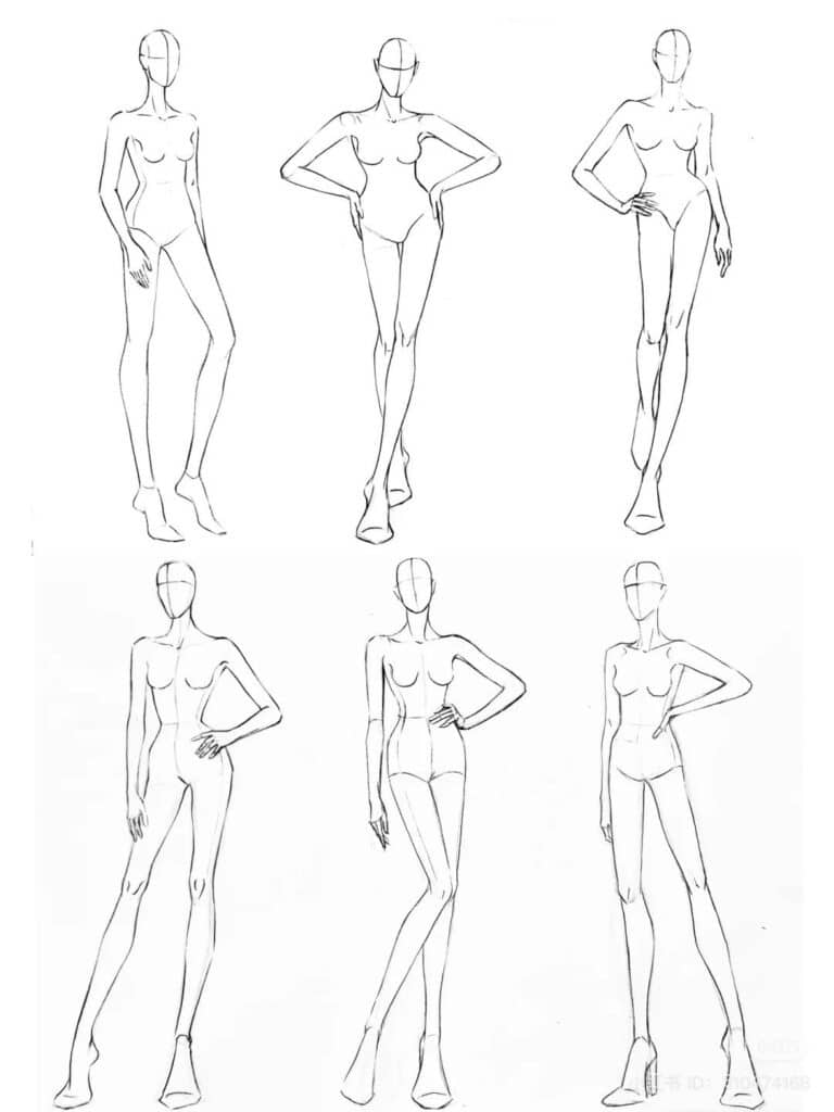 Fashion figure sketches showcasing six different model poses for design illustration practice.
