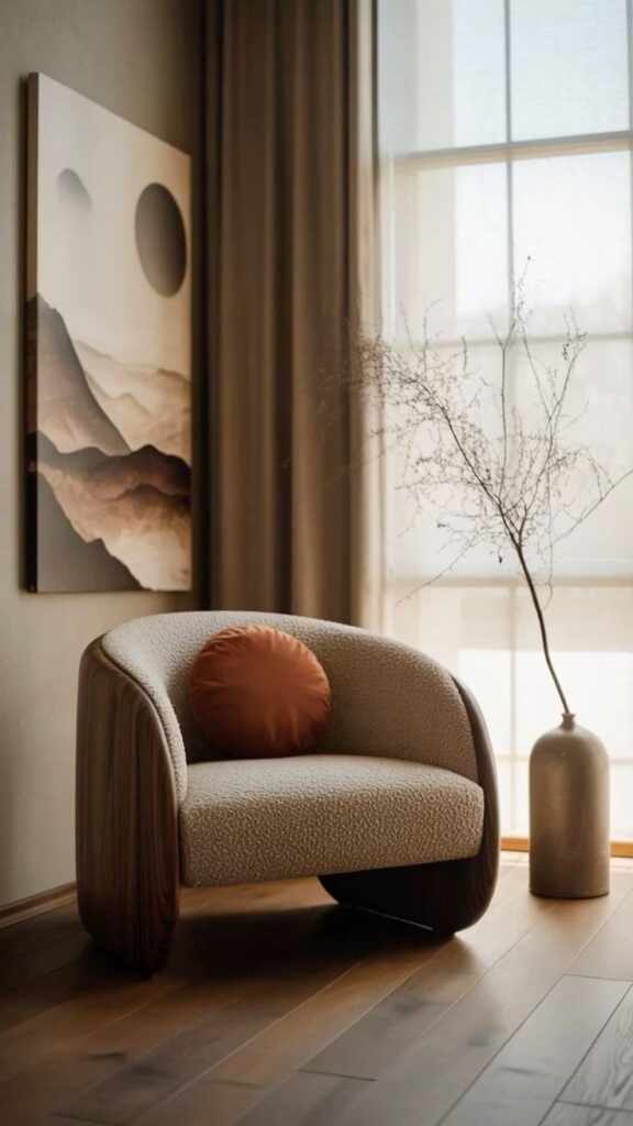 f60c4f5778dab939fbaa67883613daaa Modern cozy armchair with round cushion, minimalist decor, and abstract art in a sunlit room. | Sky Rye Design Modern cozy armchair with round cushion, minimalist decor, and abstract art in a sunlit room.