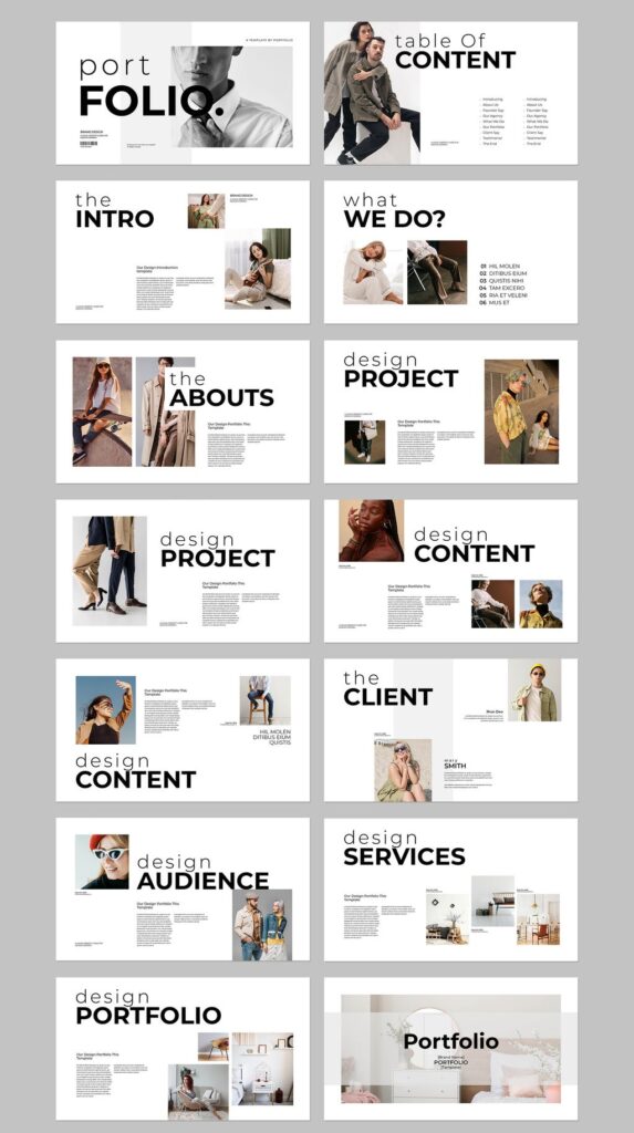 Stylish portfolio design layout showcasing creative projects, content, and services for a modern audience.