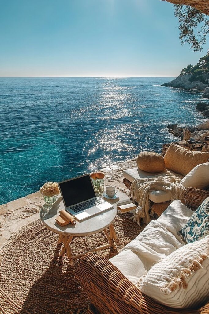 f73b6213-1d39-4901-8b63-878f91aebe8d Oceanview workspace with laptop, cozy patio seating, and sparkling blue water, ideal for remote work inspiration. | Sky Rye Design Oceanview workspace with laptop, cozy patio seating, and sparkling blue water, ideal for remote work inspiration.