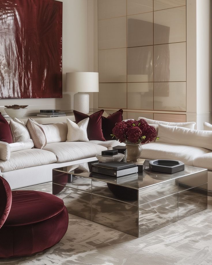 f74750ef-16ab-497a-ac58-c7dcda9b6151 Modern living room with white sofas, burgundy accents, metallic table, and abstract art. Cozy, elegant interior design. | Sky Rye Design Modern living room with white sofas, burgundy accents, metallic table, and abstract art. Cozy, elegant interior design.