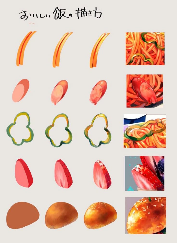 Illustrated food art tutorial with step-by-step drawings of spaghetti, sausages, bell peppers, strawberries, and buns.