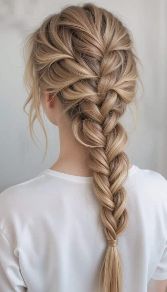 Blonde hair in a stylish French braid, showcasing a chic and elegant hairstyle from the back.