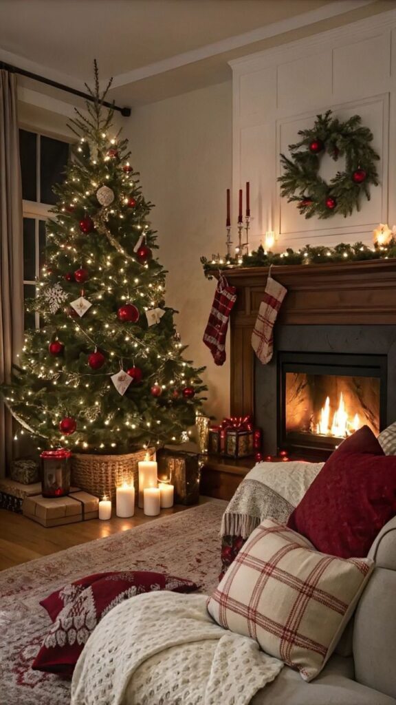 Cozy Christmas living room with decorated tree, fireplace, stockings, and candles creating a festive atmosphere.
