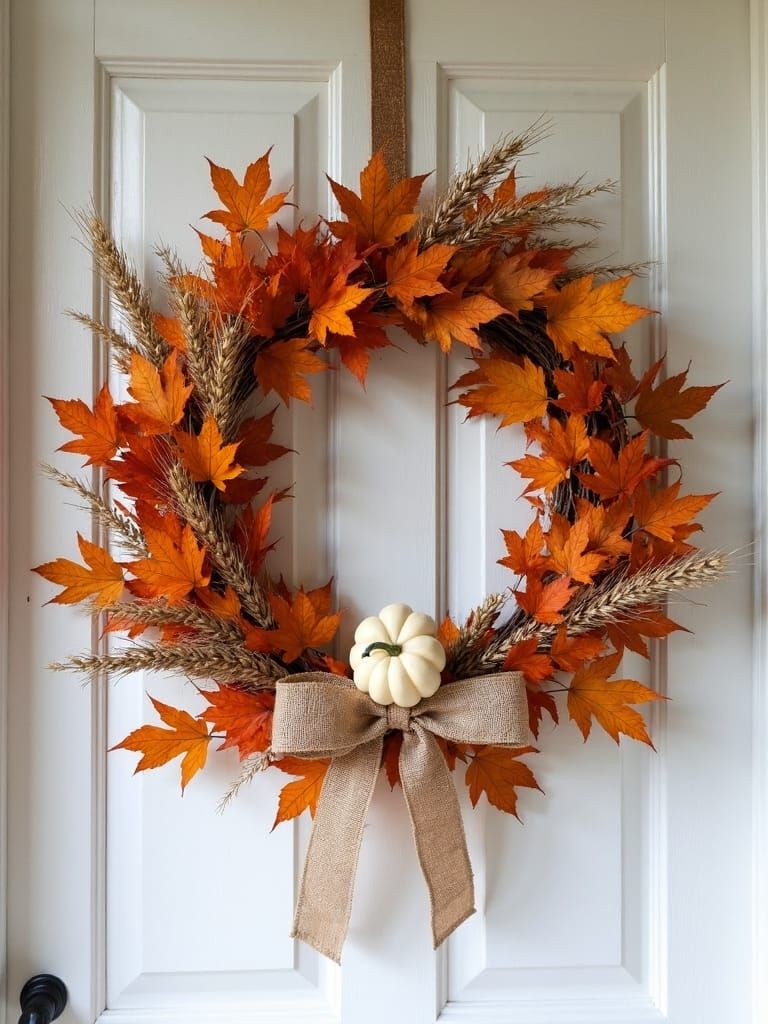 Festive autumn wreath with orange leaves, wheat, white pumpkin, and burlap bow on a white door.