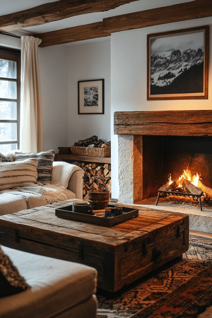 Cozy living room with rustic fireplace, wooden beams, and comfy sofa for a warm, inviting atmosphere.