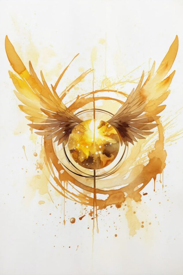 f9ebc397-2594-4b89-820d-48e2f732a694 Abstract watercolor artwork featuring golden wings around a vibrant sun, framed on a wooden floor. | Sky Rye Design Abstract watercolor artwork featuring golden wings around a vibrant sun, framed on a wooden floor.