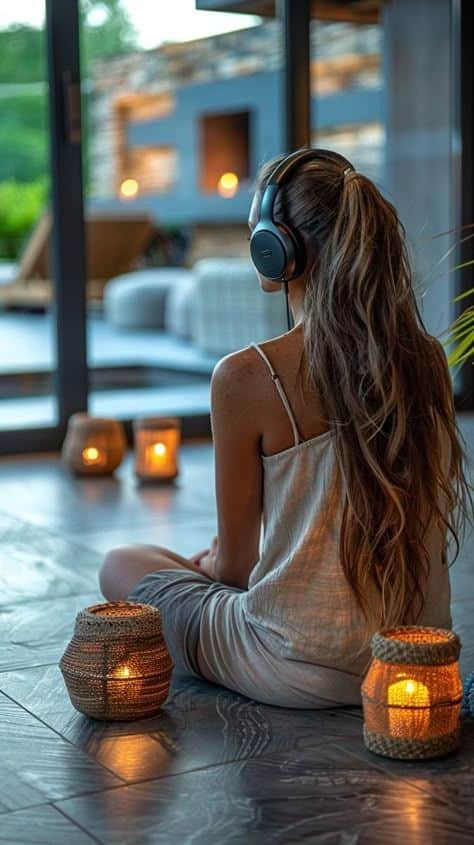 f9fd6b93-d6ec-4784-b4b5-be941d5da495 Woman in loungewear with headphones seated on floor surrounded by candles, gazing outside. | Sky Rye Design Woman in loungewear with headphones seated on floor surrounded by candles, gazing outside.