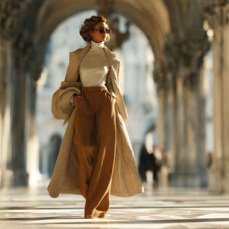 Stylish woman in a chic outfit walks confidently under grand arches, wearing sunglasses and a long coat.