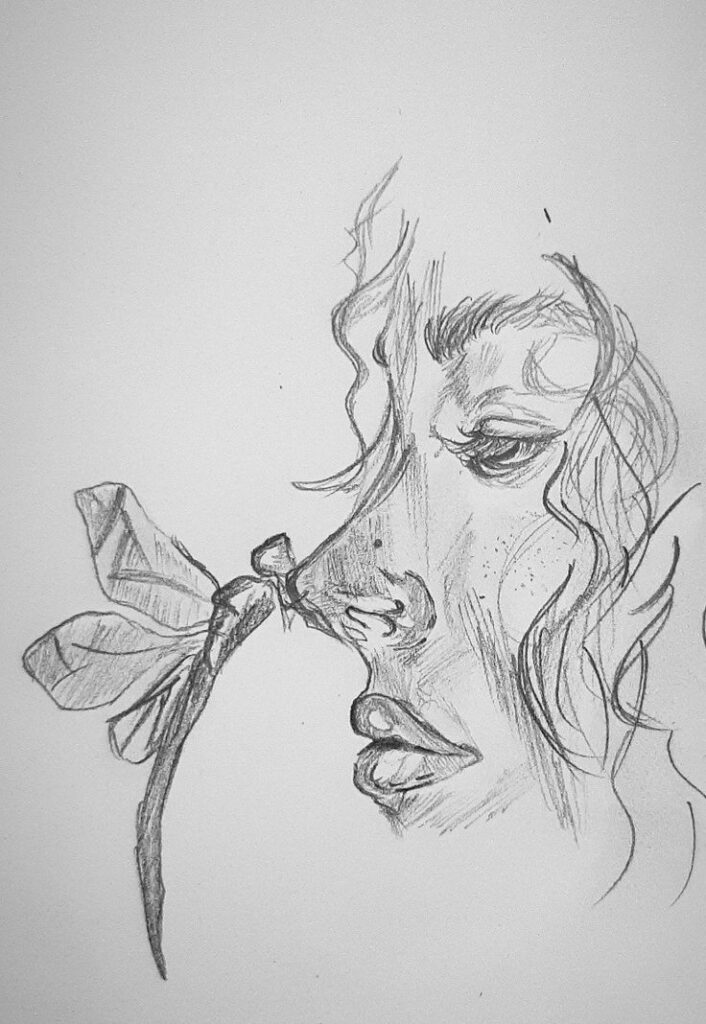 face sketch Pencil sketch of a woman's face with a dragonfly on her nose, showcasing intricate detail and expressive emotion. | Sky Rye Design Pencil sketch of a woman's face with a dragonfly on her nose, showcasing intricate detail and expressive emotion.