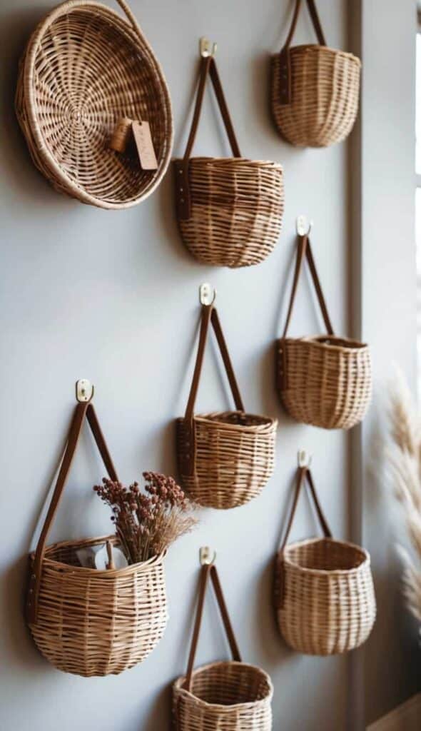 fae1c3ae6911ce7121a349b86bb1645f Wall-mounted wicker baskets with leather straps, stylish storage solution with dried flowers in one basket. | Sky Rye Design Wall-mounted wicker baskets with leather straps, stylish storage solution with dried flowers in one basket.