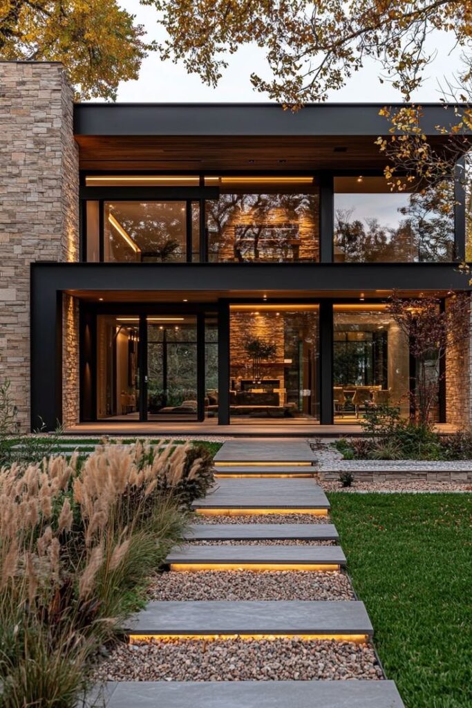 Modern two-story house with large windows, stone facade, and illuminated pathway in a landscaped garden setting.