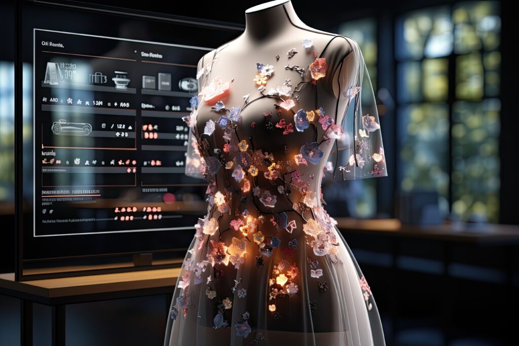 Futuristic smart dress with glowing floral details displayed in a tech studio, emphasizing fashion technology innovation.
