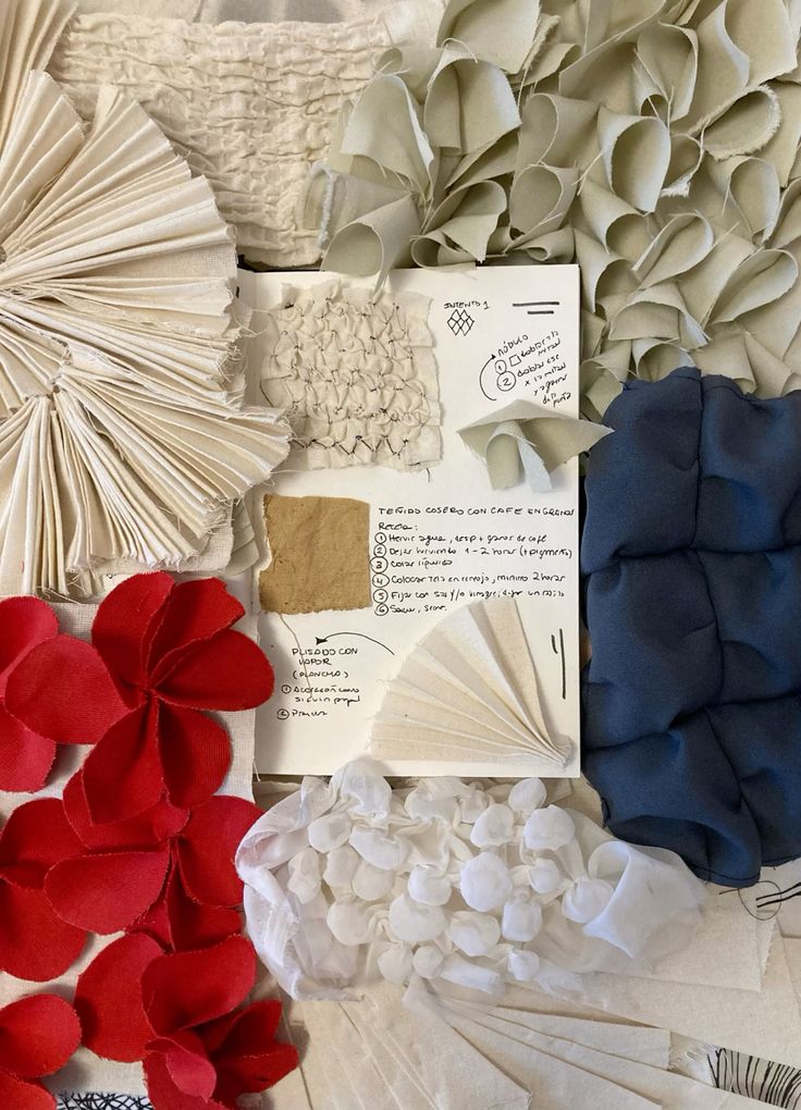 Textile swatches in red, blue, and white with design sketches and notes on textured fabrics.