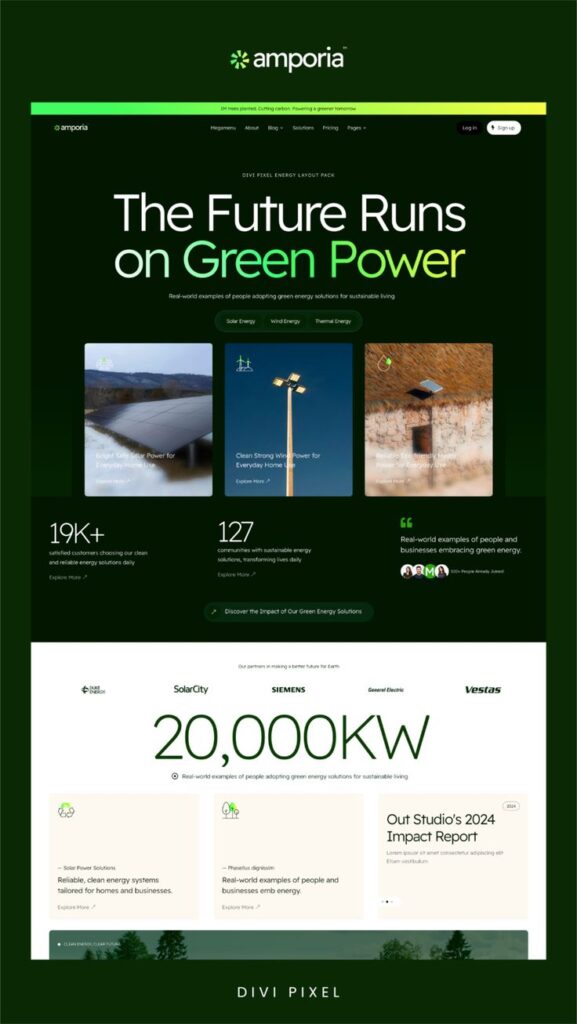 Website homepage for Amporia showcasing green energy solutions, solar and wind power options for sustainable living.
