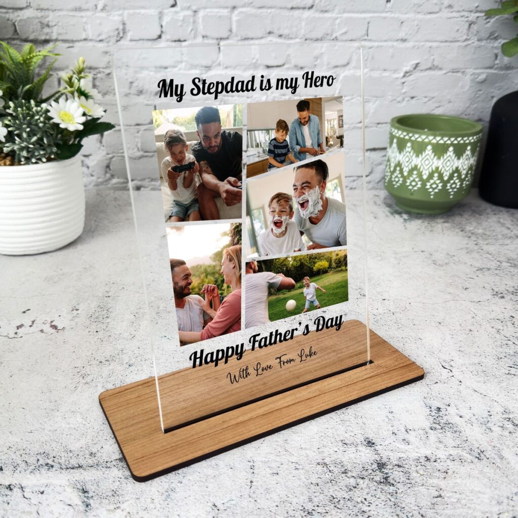 Father's Day collage for stepdad with playful moments and My Stepdad is my Hero message on a decorative stand.