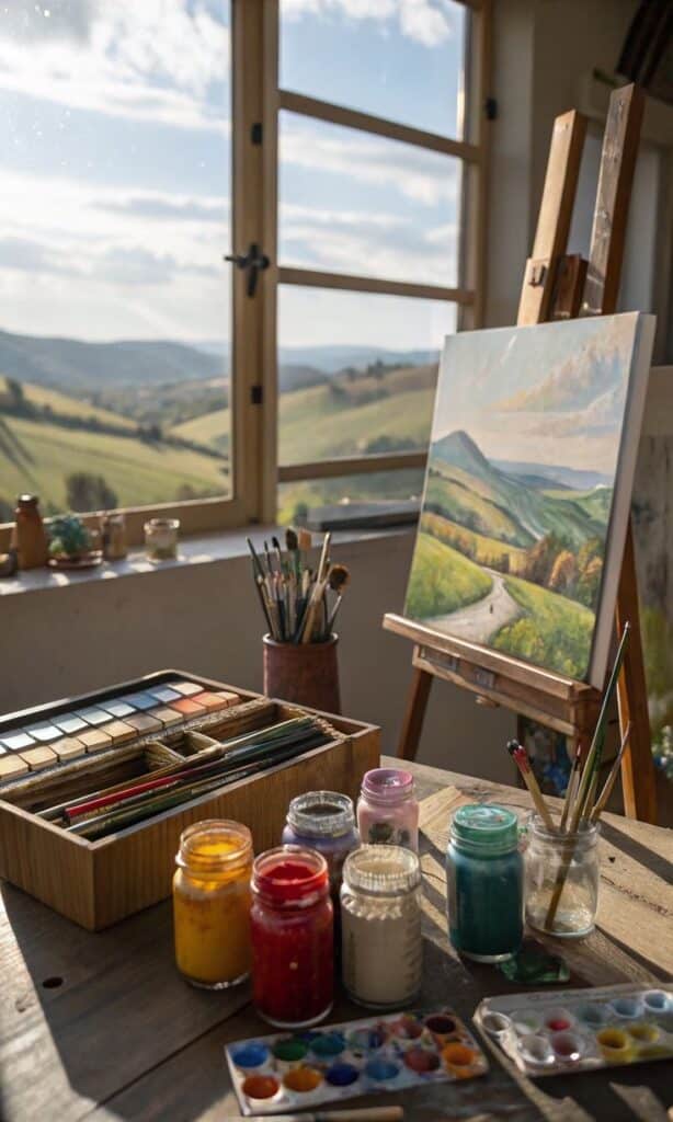 Painting studio with brushes, paints, and a landscape painting by a sunny window overlooking rolling hills.