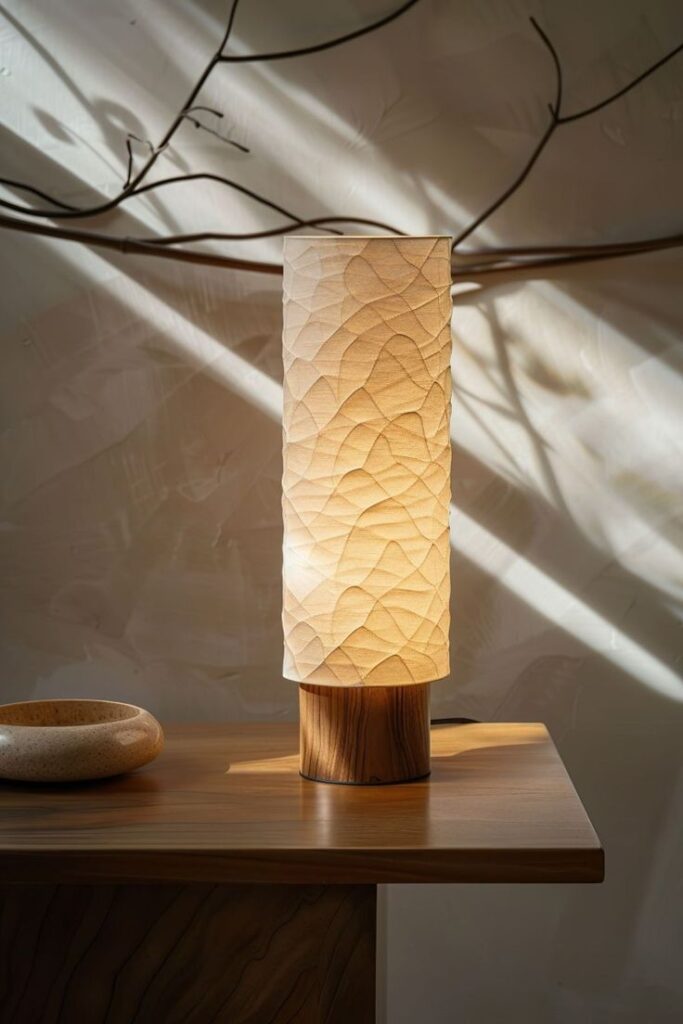 Modern table lamp with textured shade on wooden desk, casting soft light and shadows.