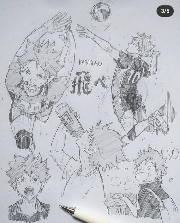 Sketch of a volleyball player in various poses, wearing Karasuno jersey and drinking water.