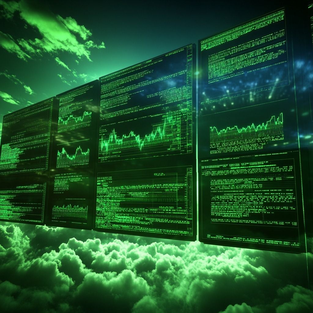 Digital data displays with graphs floating above green clouds, symbolizing cloud computing and big data analysis.