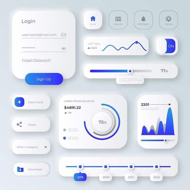 Modern UI dashboard with login form, graphs, progress bars, toggles, and timeline on a light background.