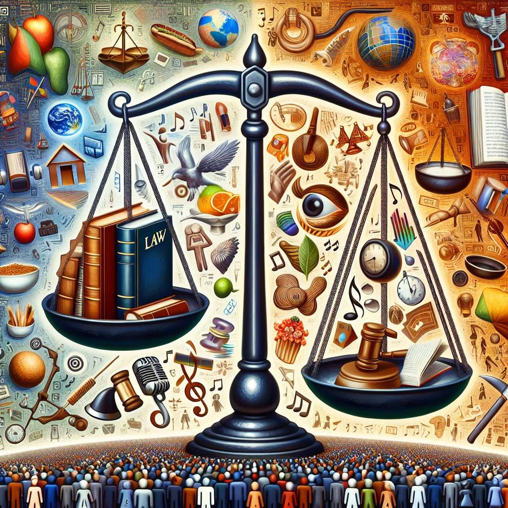 fca8693cab6eae864fbca140d1318f1c Balanced scales with law books, gavel, and diverse symbols representing justice, knowledge, and culture in vibrant colors. | Sky Rye Design Balanced scales with law books, gavel, and diverse symbols representing justice, knowledge, and culture in vibrant colors.