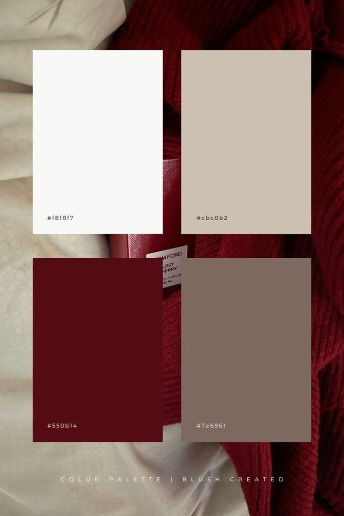 fe1bec52-3259-4991-a524-8818c36142b2 Color palette featuring white, beige, maroon, and taupe swatches with hex codes #f8f8f7, #cbc0b2, #550b14, #7e6961. | Sky Rye Design Color palette featuring white, beige, maroon, and taupe swatches with hex codes #f8f8f7, #cbc0b2, #550b14, #7e6961.