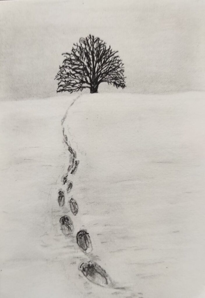 Black tree sketch with footprints in snow, symbolizing solitude and journey.