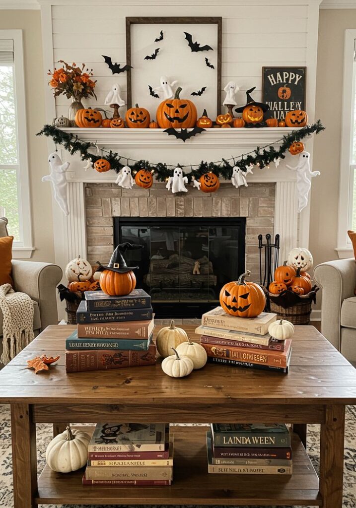 fe661119643052beb3e38dd6218071ac Cozy Halloween mantel with pumpkins, ghosts, bats, and festive books creating a spooky living room decoration. | Sky Rye Design Cozy Halloween mantel with pumpkins, ghosts, bats, and festive books creating a spooky living room decoration.