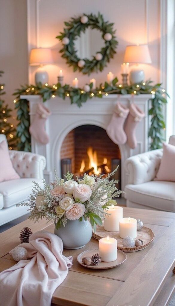 ff66d2be-a008-412b-bfce-851975b7c432 Cozy living room with a decorated mantel, wreath, pink stockings, candles, and blush roses by a warm fireplace. | Sky Rye Design Cozy living room with a decorated mantel, wreath, pink stockings, candles, and blush roses by a warm fireplace.