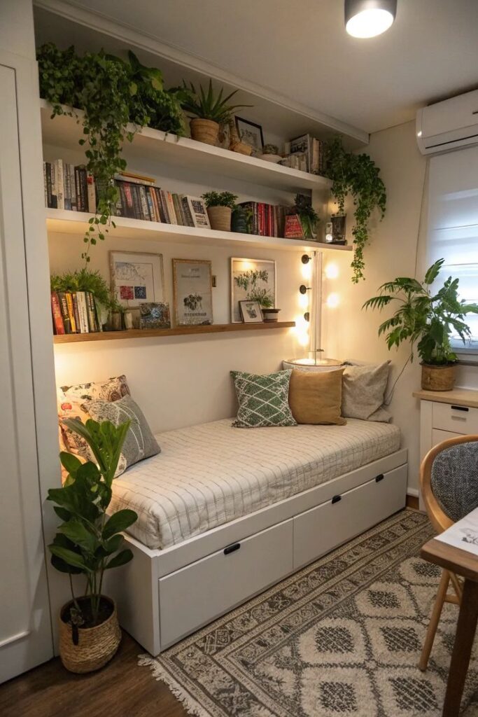 ff7f59fb0a31cfb11517ae5ffe0fd7e6 Cozy reading nook with plants, shelves, and comfortable daybed. Warm lighting and decorative pillows complete the look. | Sky Rye Design Cozy reading nook with plants, shelves, and comfortable daybed. Warm lighting and decorative pillows complete the look.