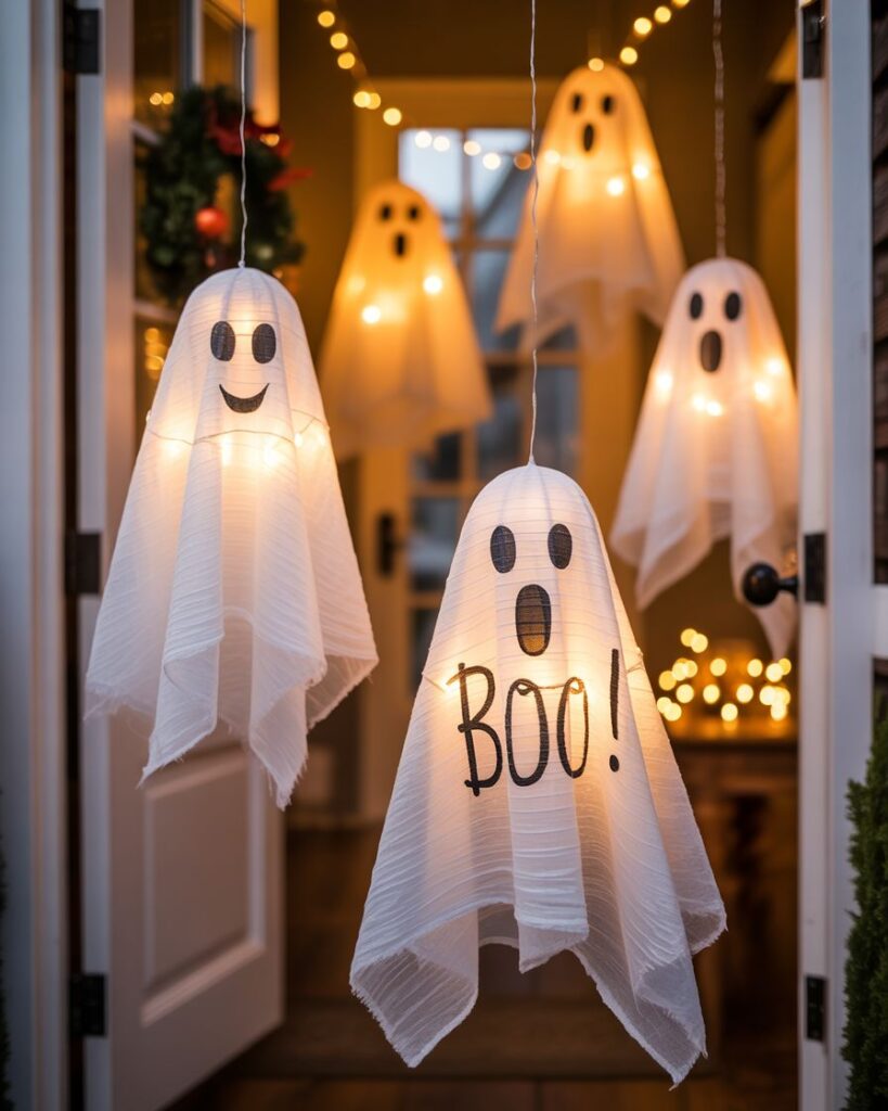 ff8ee5978ca2b3d8f14d6ea4adde3ae4 Hanging Halloween ghost decorations with lights and Boo! sign in doorway with festive ambiance. | Sky Rye Design Hanging Halloween ghost decorations with lights and Boo! sign in doorway with festive ambiance.