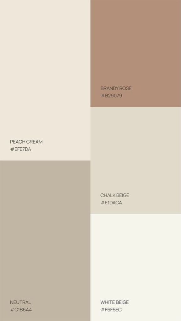 ffcc320a-55bb-44b1-81e6-3c3d62c08359 Color palette of Brandy Rose, Chalk Beige, Peach Cream, Neutral, and White Beige with hex codes for design inspiration. | Sky Rye Design Color palette of Brandy Rose, Chalk Beige, Peach Cream, Neutral, and White Beige with hex codes for design inspiration.