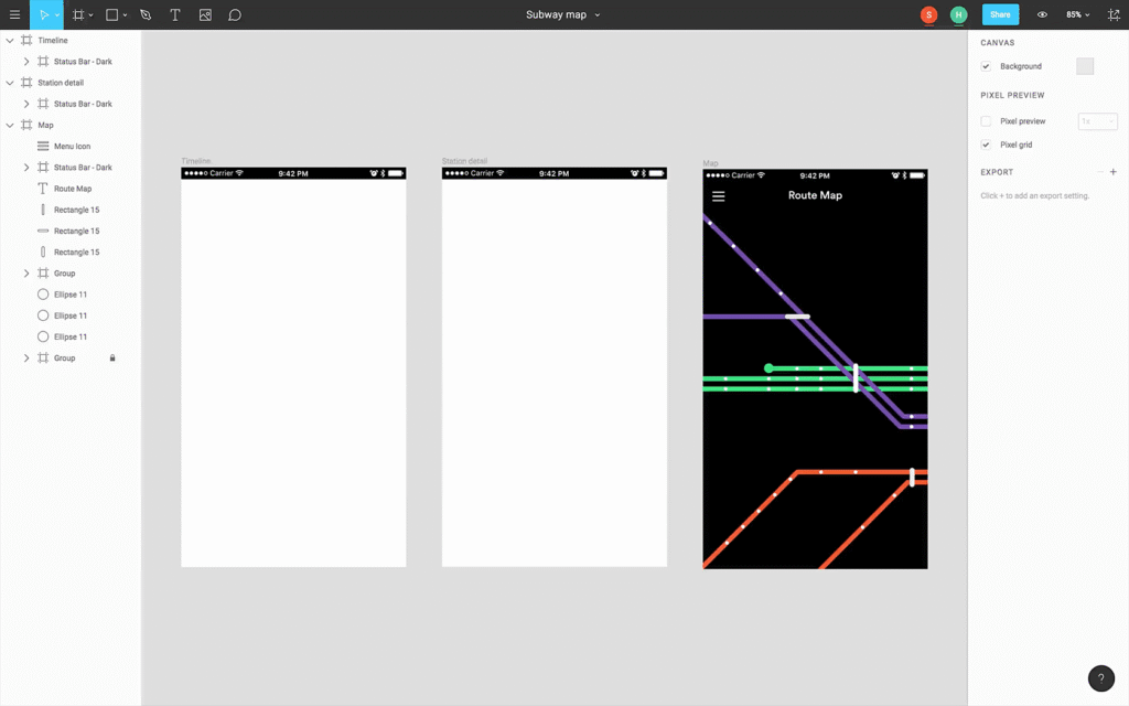 Figma design interface showing mobile app subway map with colorful routes.