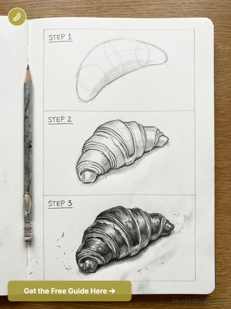 Croissant pencil drawing tutorial in sketchbook: three-step sketches from outline to shaded croissant, pencil beside.