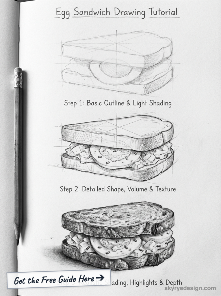 Egg sandwich drawing tutorial - pencil step-by-step: basic outline, detailed shape, realistic shading and texture