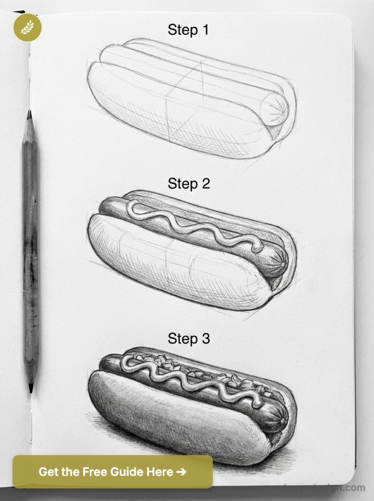 Step-by-step pencil sketch tutorial of a hot dog in a bun — three stages from basic shape to detailed shaded drawing