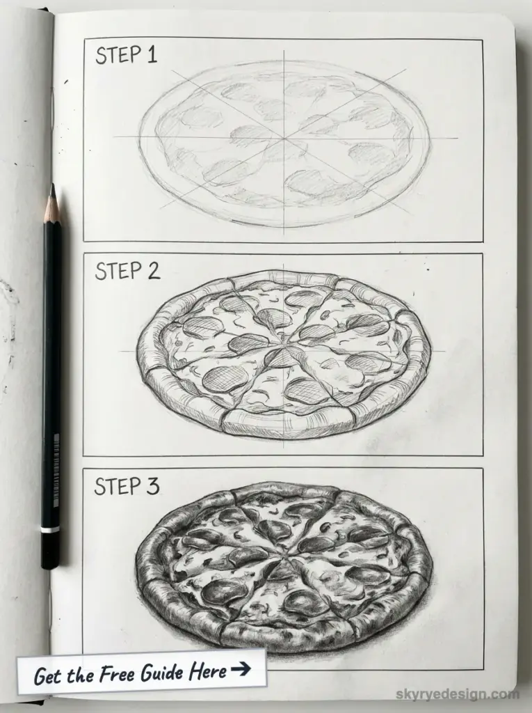 Pizza drawing tutorial - step-by-step pencil sketch progression from basic outline to realistic shaded pizza drawing.