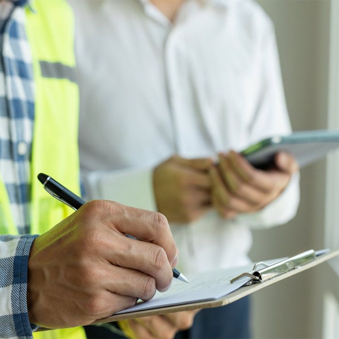 funda Construction workers reviewing documents on clipboard and tablet. | Sky Rye Design Construction workers reviewing documents on clipboard and tablet.