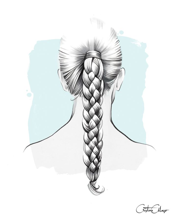 Illustration of a neatly braided hairstyle from the back, highlighting intricate weaving on a pastel blue background.