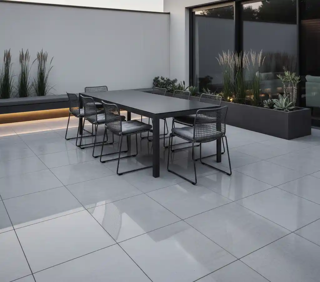 Modern outdoor patio with glass table, six chairs, and minimalist plants on sleek tiled flooring.
