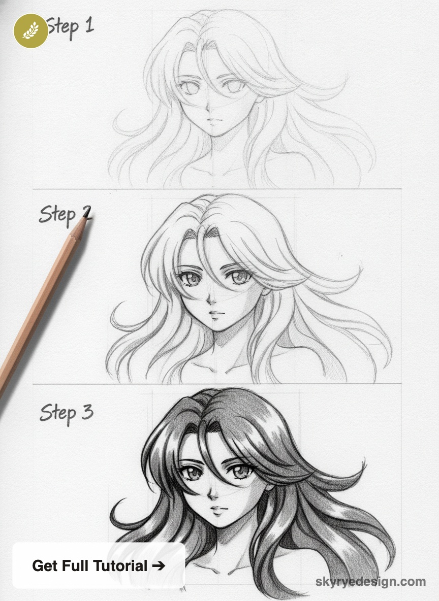 anime-tutorial-woman-long-hair 1 Step-by-step manga/anime female portrait pencil drawing tutorial showing three stages from rough sketch to shaded finish. | Sky Rye Design Step-by-step manga/anime female portrait pencil drawing tutorial showing three stages from rough sketch to shaded finish.