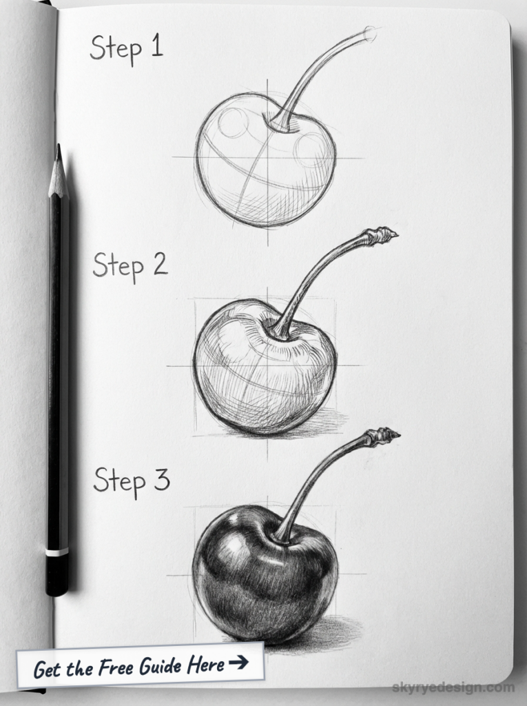 Pencil, step-by-step cherry drawing tutorial in sketchbook: three stages showing form, shading, and highlights