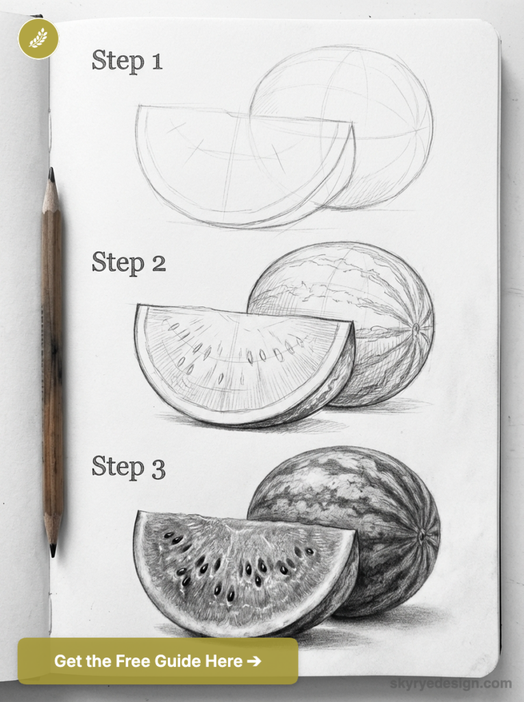 Step-by-step pencil drawing tutorial of a whole watermelon and slice in three stages on sketchbook page with pencil.