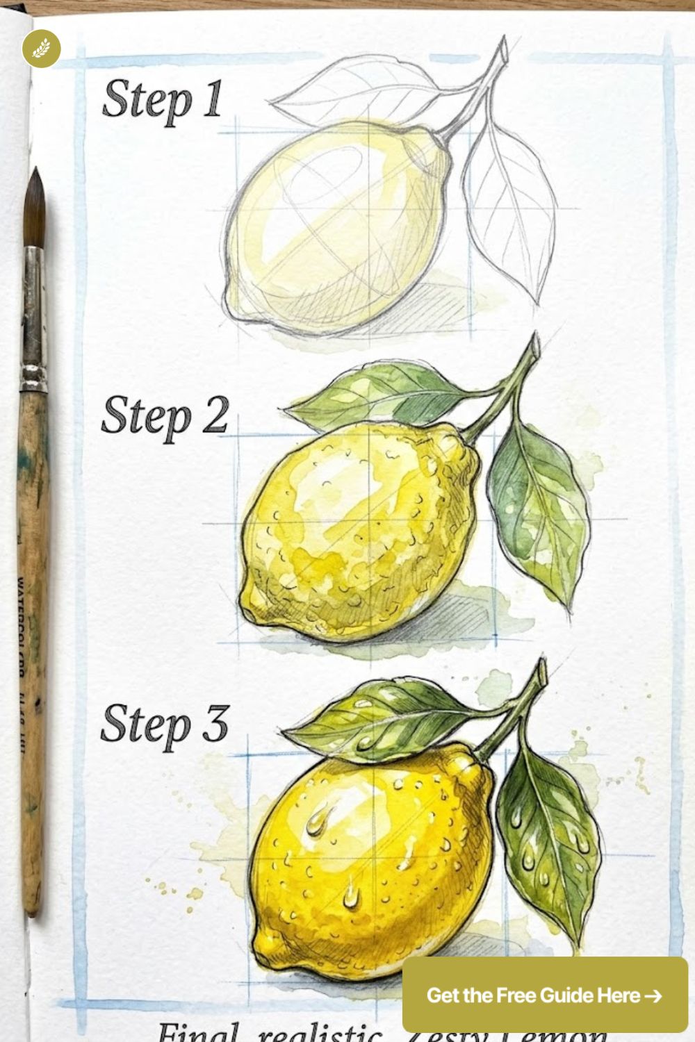 Watercolor lemon tutorial: step-by-step sketch to realistic painted lemon with leaves and brush