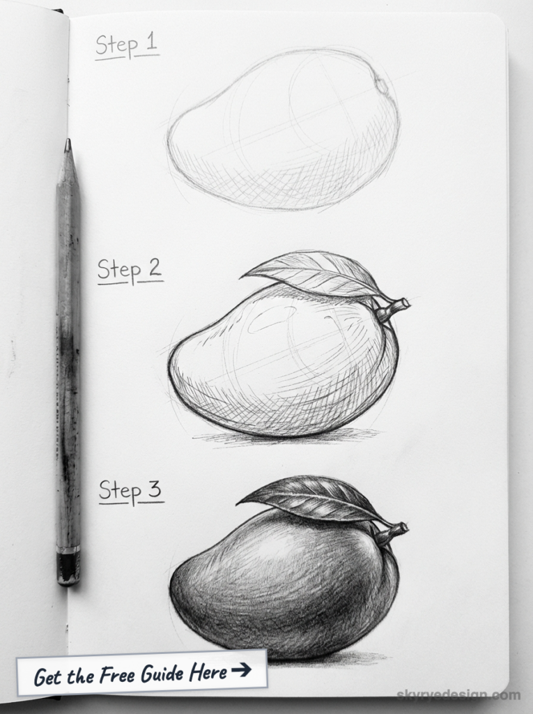 Step-by-step pencil drawing tutorial: mango sketch with leaves in a sketchbook, showing three stages and a pencil