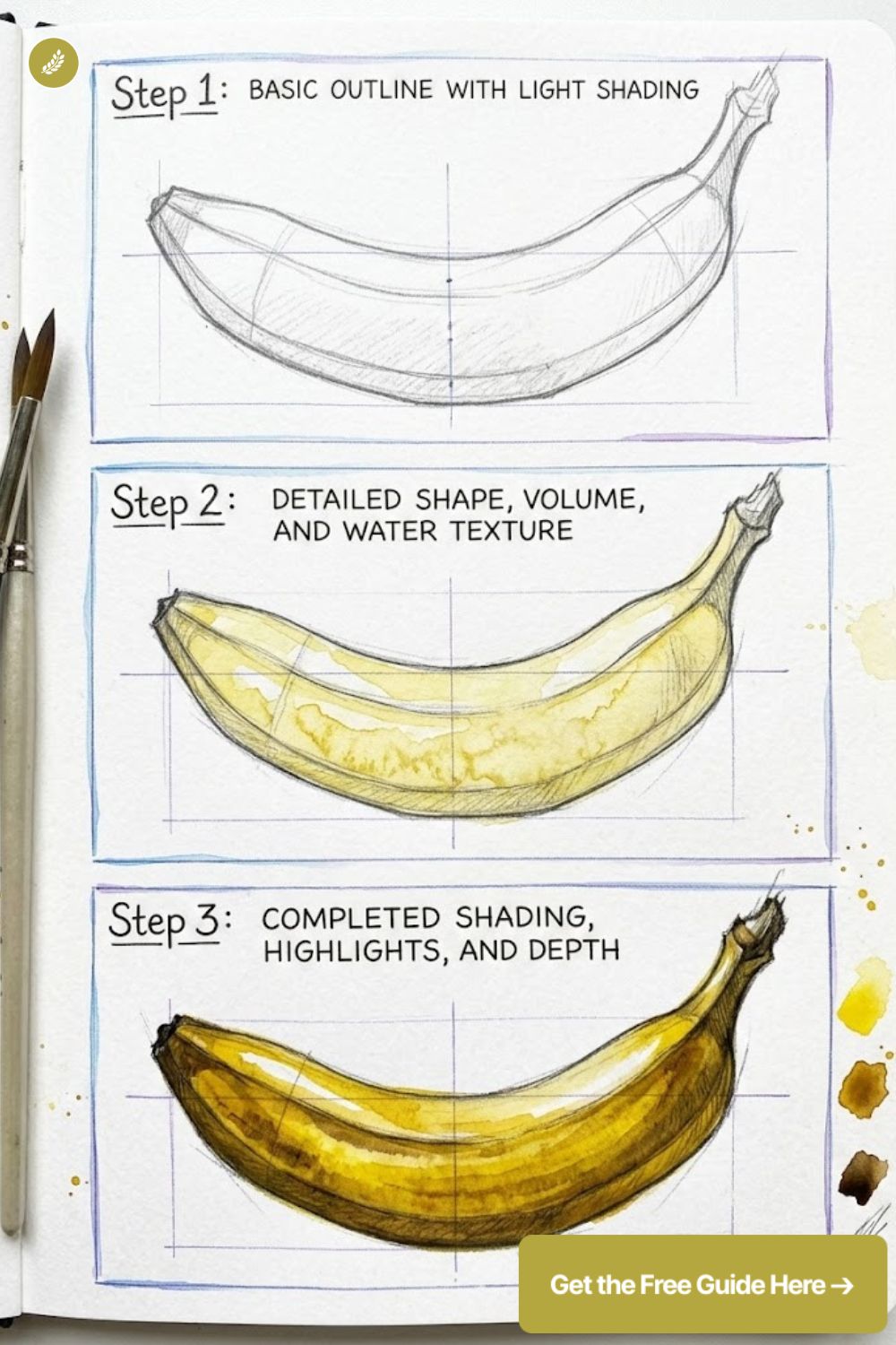 Banana drawing tutorial: 3-step pencil and watercolor guide showing outline, shading, highlights.